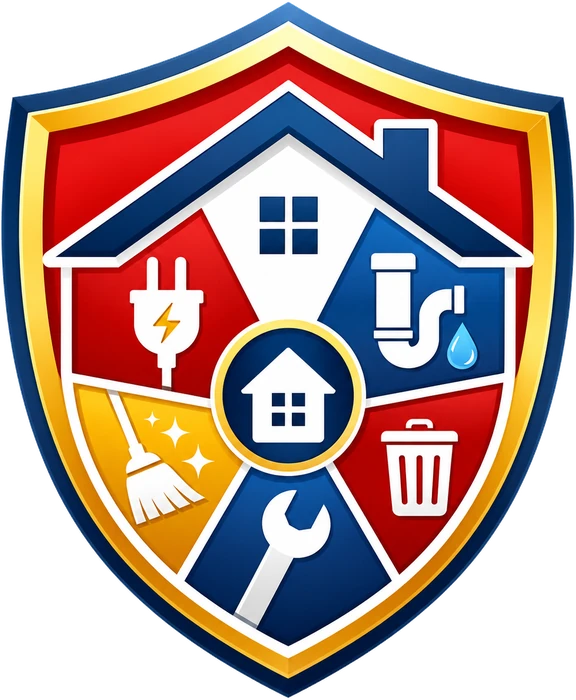 Shield logo featuring electrical, plumbing, cleaning, junk removal, and repair symbols